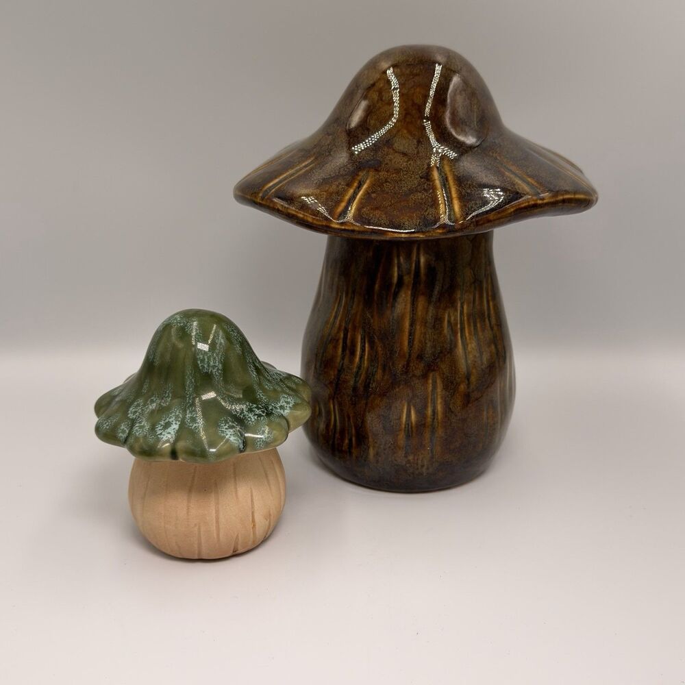 Vintage Ceramic Mushroom Decor Set Brown Green Drip Glaze Woodland Cottagecore
